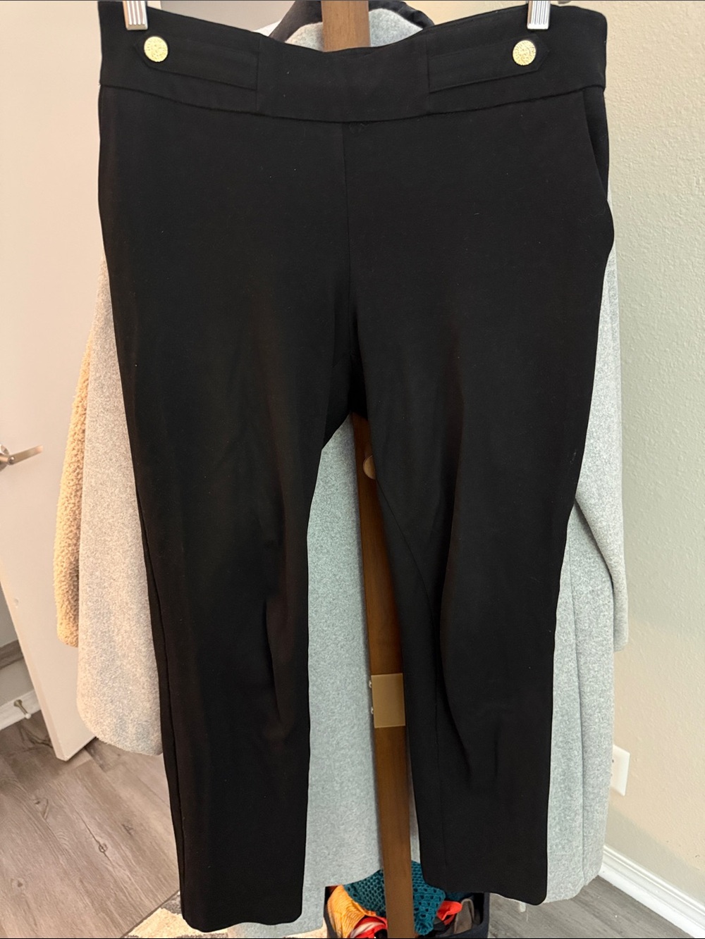 Anne KleinBlack Ankle Ponte Pants with Gold Button Detail